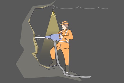 Working as minor in mine concept. Young positive man miner wearing uniform and helmet standing with tool and drilling rock vector illustration