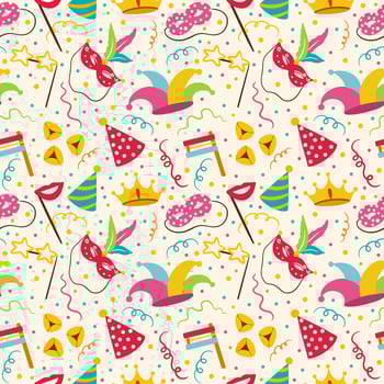 Happy Purim Jewish festival endless background. vector seamless pattern set with carnival elements