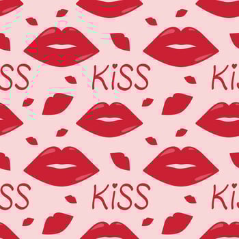 Seamless pattern with red lips and word kiss. Flat vector illustration for Valentine's day, World Kiss day