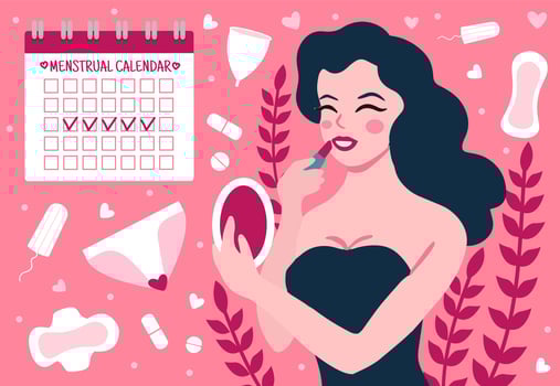 Female menstruation concept. Women with period and hygiene product  sanitary pads, menstrual cup and tampon vector