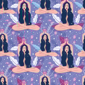 Spiritual magician girl, dream, thought and meditation concept. vector seamless pattern