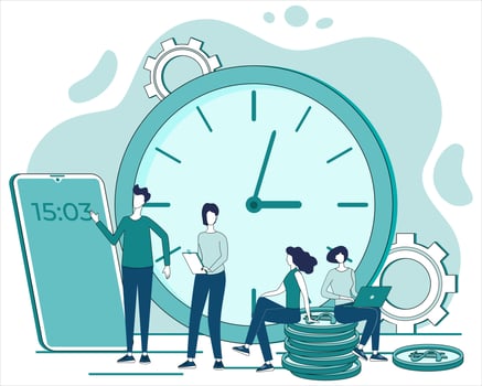 Deadline and time control.Business organization process, business people working together, working overtime under deadline conditions.People and a large watch with a smartphone showing the time. vector