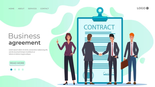Business agreement.Young businessmen agree to sign a contract.The handshake, the signing of the Treaty negotiations..You can use it for web design.The template of the landing page. vector