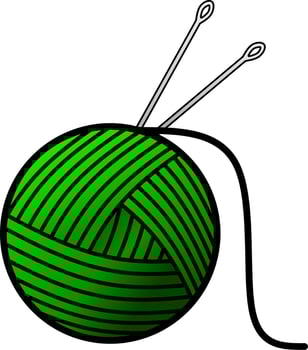 Yarn and needles isolated vector illustration. Green yarn vector for logo, icon, symbol, business, design or decoration. Green yarn ball with needles. hygge style
