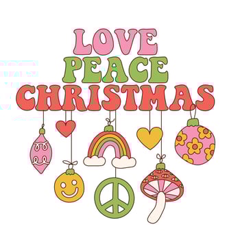 Groovy Christmas vibe poster or greeting card caonept. Text with hanging xmas tree balls in trendy retro 60s hippie style. Merry Christmas and Happy New year party invitation. Vector illustration.