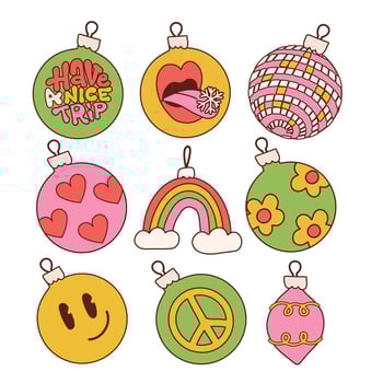Groovy Christmas vibe set of Xmas tree balls and toys in trendy retro 60s hippie linear cartoon style. Peace, love, flower decor. Merry Christmas and Happy New year decor elements. Vector illustration