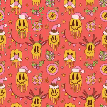 Christmas retro seamless pattern with groovy melting smile face, holly, toys on trippy red background. Vintage contour vector for winter holidays postcard, invitation, wrapping paper, packaging.Vector