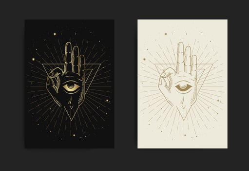 Meditation hand and inner eye with engraving, handrawn, luxury, esoteric, boho style, fit for paranormal, tarot reader, astrologer or tattoo vector