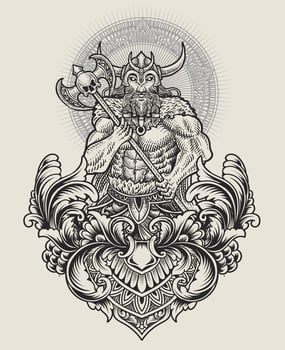 Illustration antique viking warriors with engraving ornament vector