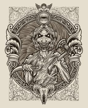 illustration scary zombie with engraving ornament vector