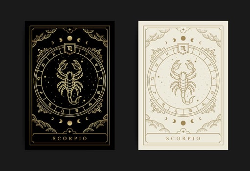 Scorpio zodiac symbol with engraving, hand drawn, luxury, esoteric and boho styles. Fit for paranormal, tarot readers and astrologers vector