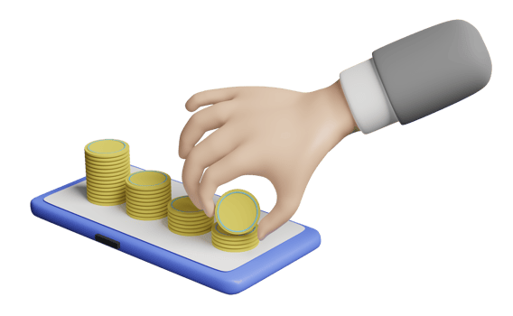 3d character businessman hands holding coin with mobile phone or smartphone, pile stacked coin isolated. online shopping, saving money, business growth concept, 3d render illustration png