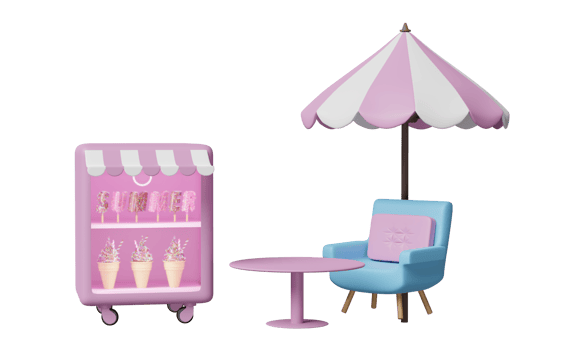 shop store with ice cream showcases or fridge, coffee table, pink umbrella, sofa chair isolated. 3d illustration or 3d render png