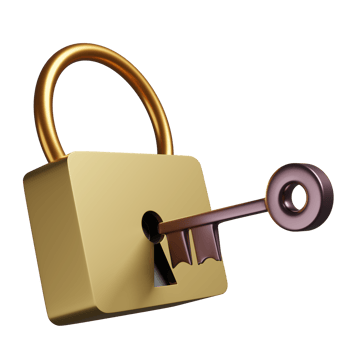 golden lock and copper key space isolated. concept 3d illustration or 3d render png