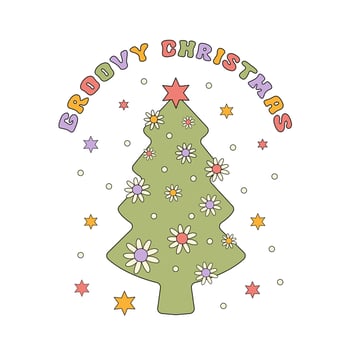 Groovy Christmas vector illustration isolated on a white background. Christmas print or poster in style retro 60s, 70s. Pastel colors