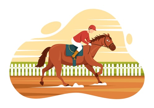 Horse Racing Competition in a Racecourse with Equestrian Performance Sport and Rider or Jockeys on Flat Cartoon Hand Drawn Templates Illustration vector