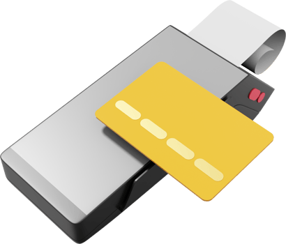 NFC POS Terminal GPRS point with Paper Receipt and a credit card. Mockup screen. Payment Machine. PNG on a transparent background. 3D rendering.