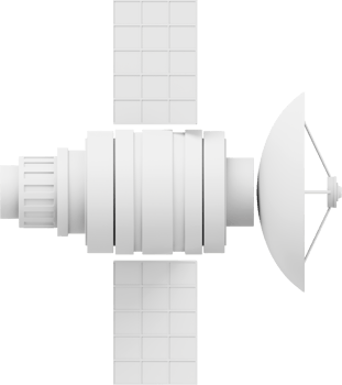 Space satellite with an antenna. Orbital communication station intelligence, research. 3D rendering. White PNG icon on transparent background.