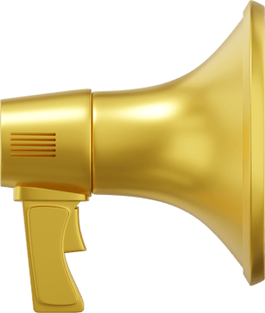 Megaphone realistic gold side view. PNG icon on a transparent background. 3D rendering.