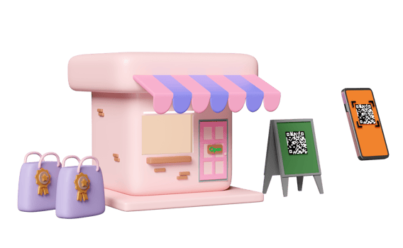 mobile phone, smartphone with qr code scanning, store front sign, shopping paper bags isolated. online shopping concept, 3d illustration render png