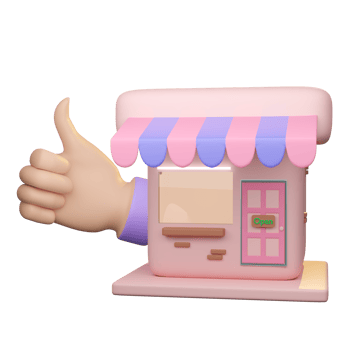 3d shop or store front with thumbs up isolated. Startup franchise business, online shopping concept, 3d illustration or 3d render png