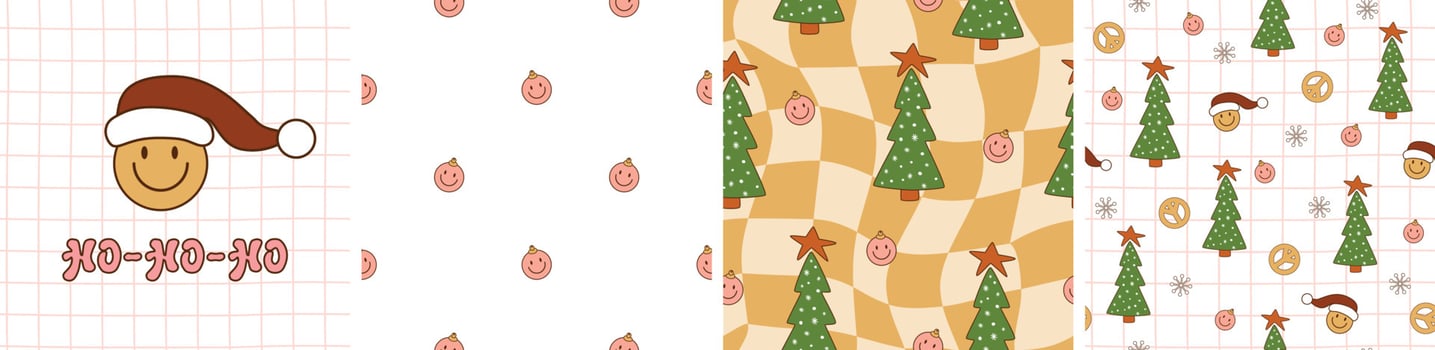 Groovy Christmas pattern set. Retro 70s Hippie Groovy Christmas tree, groovy Santa, peace symbol in retro checkered seamless background. Winter holiday seventies surface design. Vector illustration.