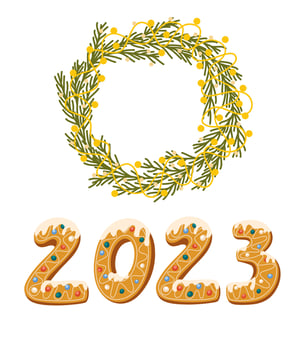 Christmas floral wreath with heart. 2023. Happy New Year or Christmas card. Perfect for greeting cards, invitations, flayers. Vector cartoon Holiday illustration.