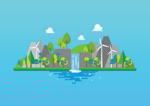 Waterfall and mountain landscape in flat style vector