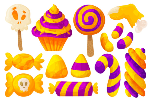 Halloween candies and sweets. Cartoon and flat style. Vector illustration isolated on white background.