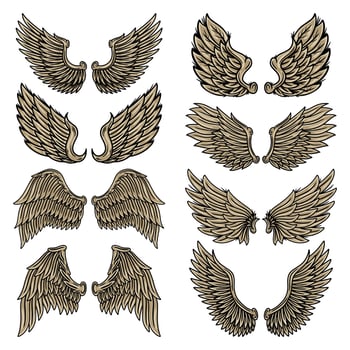 Set colorful vintage retro wings angels and birds isolated vector illustration in tattoo style. Design element.