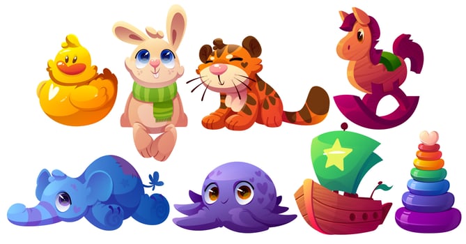 Kids toys, wooden ship, plush animals, pyramid vector