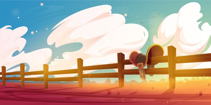 Horse saddle hanging on wooden ranch fence scene vector