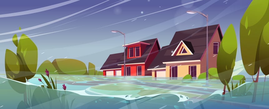 Flood in town, natural disaster with rain storm vector