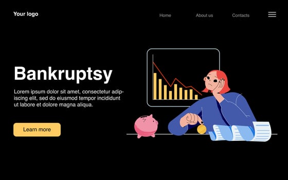 Bankruptcy banner with depressed woman loss money vector