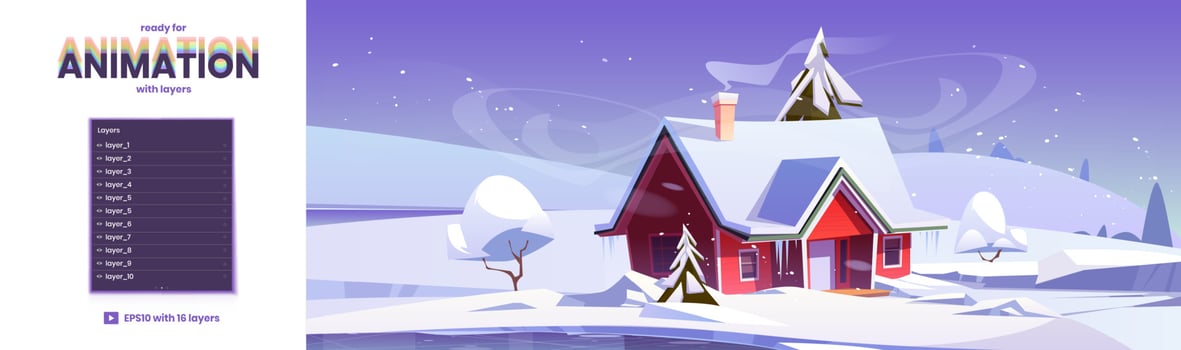 Parallax background with winter fields and house vector