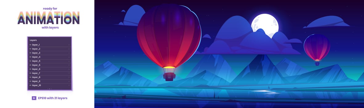 Hot air balloons flying in night sky background vector