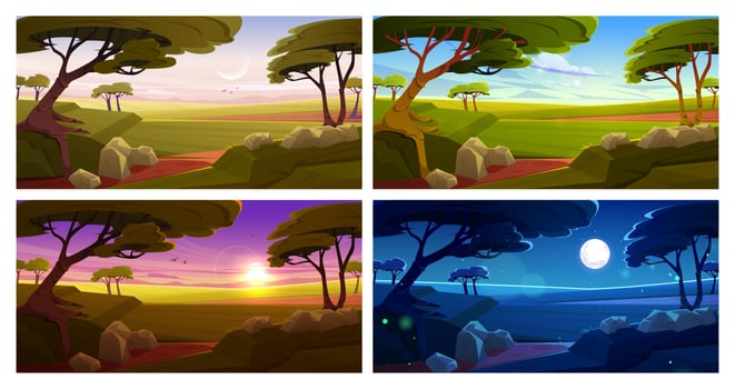 African savannah landscape at night, morning, day vector