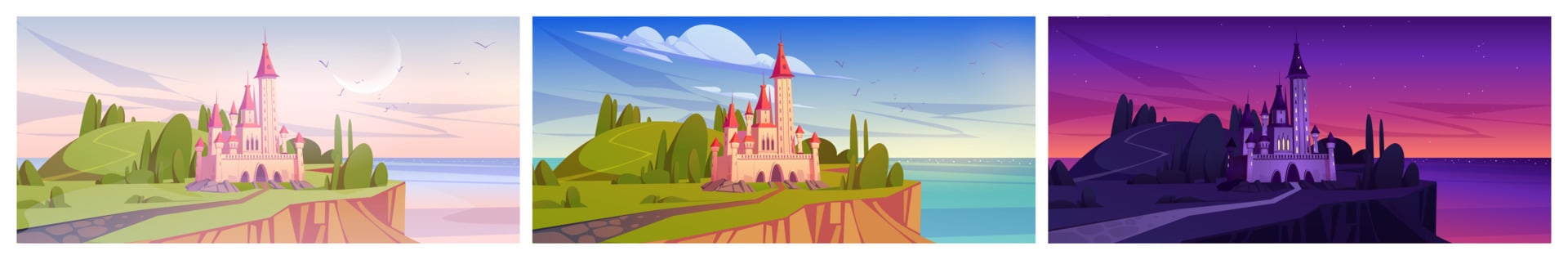 Magic castle on mountain sea cliff, architecture vector