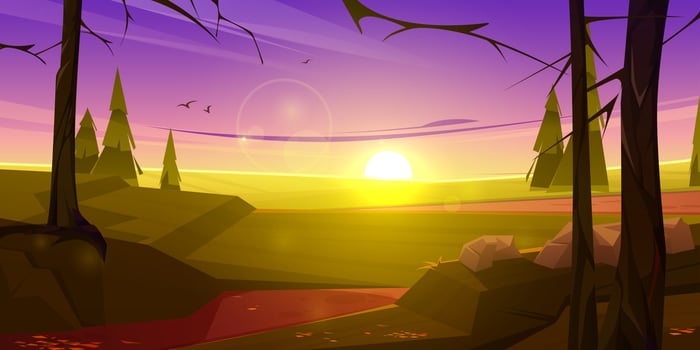 Cartoon nature landscape green field, sunset sky vector