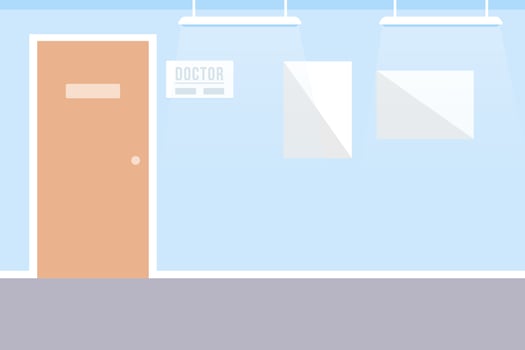 Hospital corridor flat color vector illustration. Medical clinic. Doctor office entrance. Fully editable 2D simple cartoon interior with physician door on background