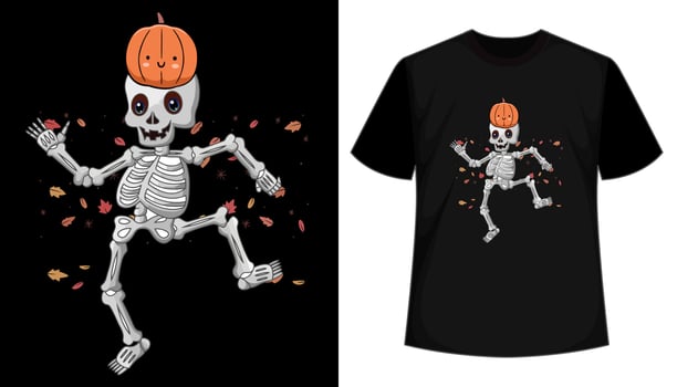 Funny skeleton dancing vector t-shirt design with pumpkin. Funny Happy Halloween  celebration tshirt design
