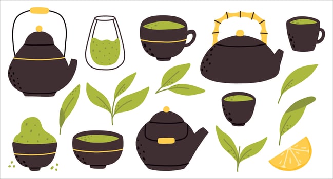 Matcha tea. Vector set of organic tea matcha powder, tea leaves, teapot, traditional cup. green tea ceremony. Healthy drink.
