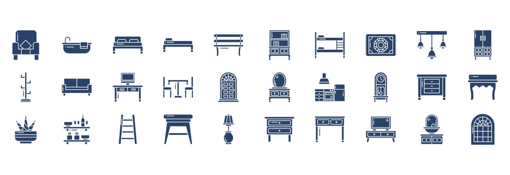 Collection of icons related to Furniture and home decor, including icons like Armchair, Bathtub, Bed, Bench and more. vector illustrations, Pixel Perfect set