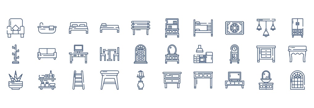 Collection of icons related to Furniture and home decor, including icons like Armchair, Bathtub, Bed, Bench and more. vector illustrations, Pixel Perfect set