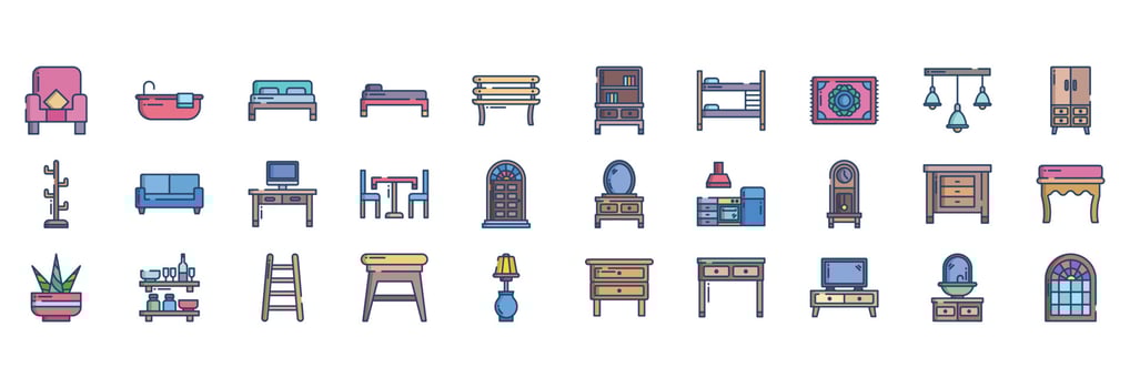 Collection of icons related to Furniture and home decor, including icons like Armchair, Bathtub, Bed, Bench and more. vector illustrations, Pixel Perfect set