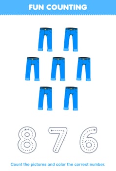 Education game for children count the pictures and color the correct number from cartoon blue jean printable wearable clothes worksheet vector