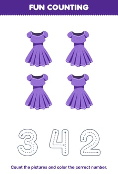 Education game for children count the pictures and color the correct number from cartoon purple dress printable wearable clothes worksheet vector