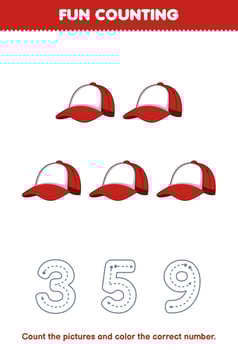 Education game for children count the pictures and color the correct number from cartoon red cap printable wearable clothes worksheet vector