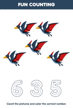 Education game for children count the pictures and color the correct number from cute cartoon pteranodon printable prehistoric dinosaur worksheet vector
