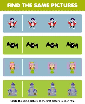 Education game for children find the same picture in each row of cute cartoon dracula bat queen castle printable halloween worksheet vector